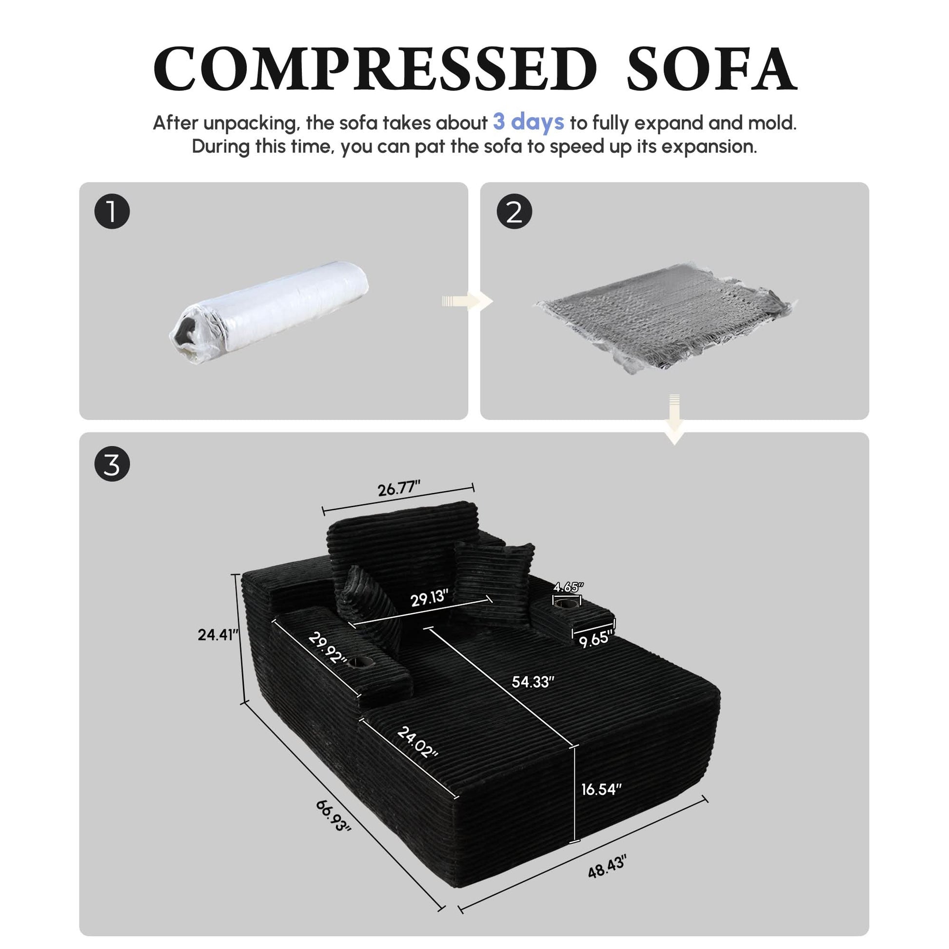 OVIOS 67'' Oversized Chaise Lounge ,Corduroy Sleeper Sofa with Cup Holders