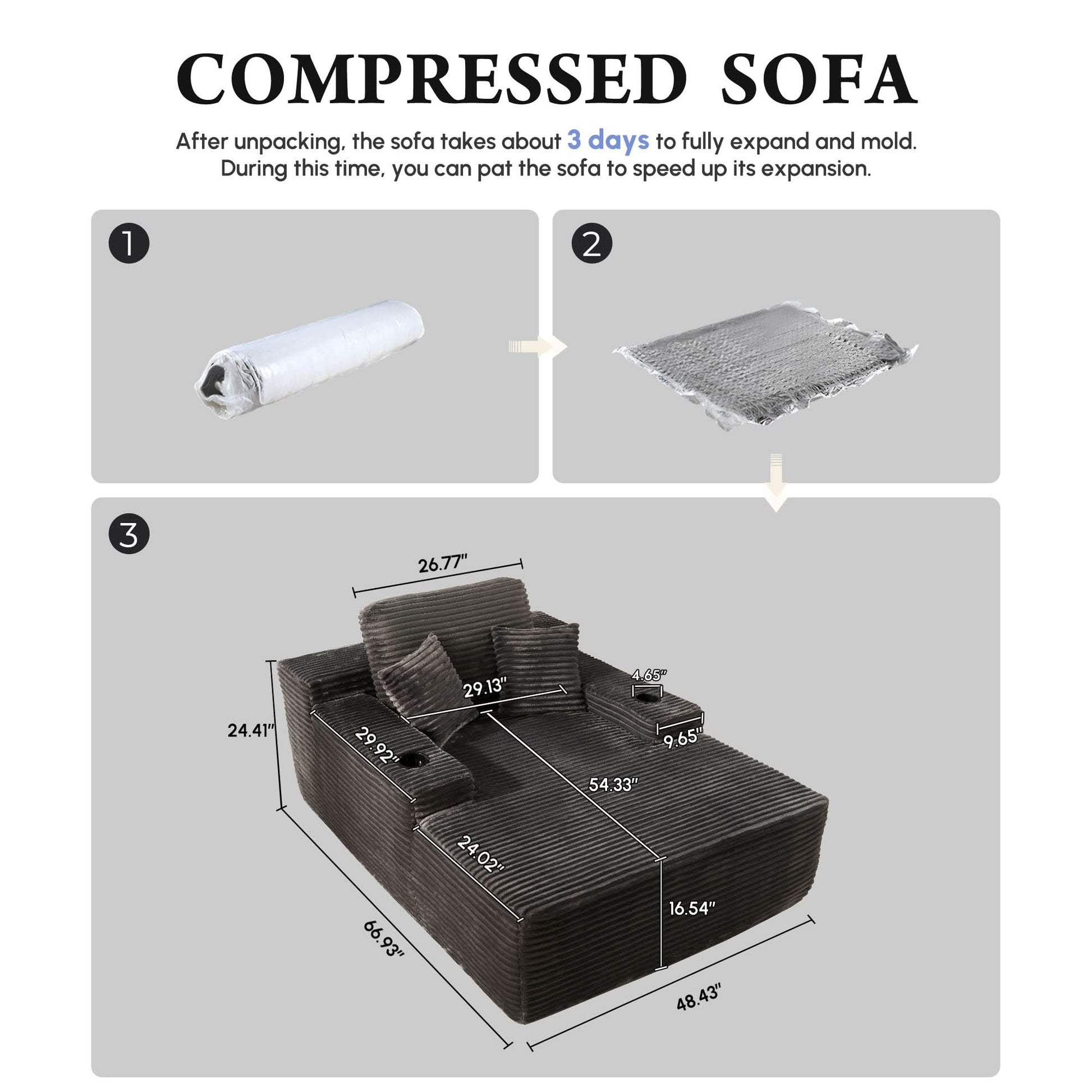 OVIOS 67'' Oversized Chaise Lounge ,Corduroy Sleeper Sofa with Cup Holders