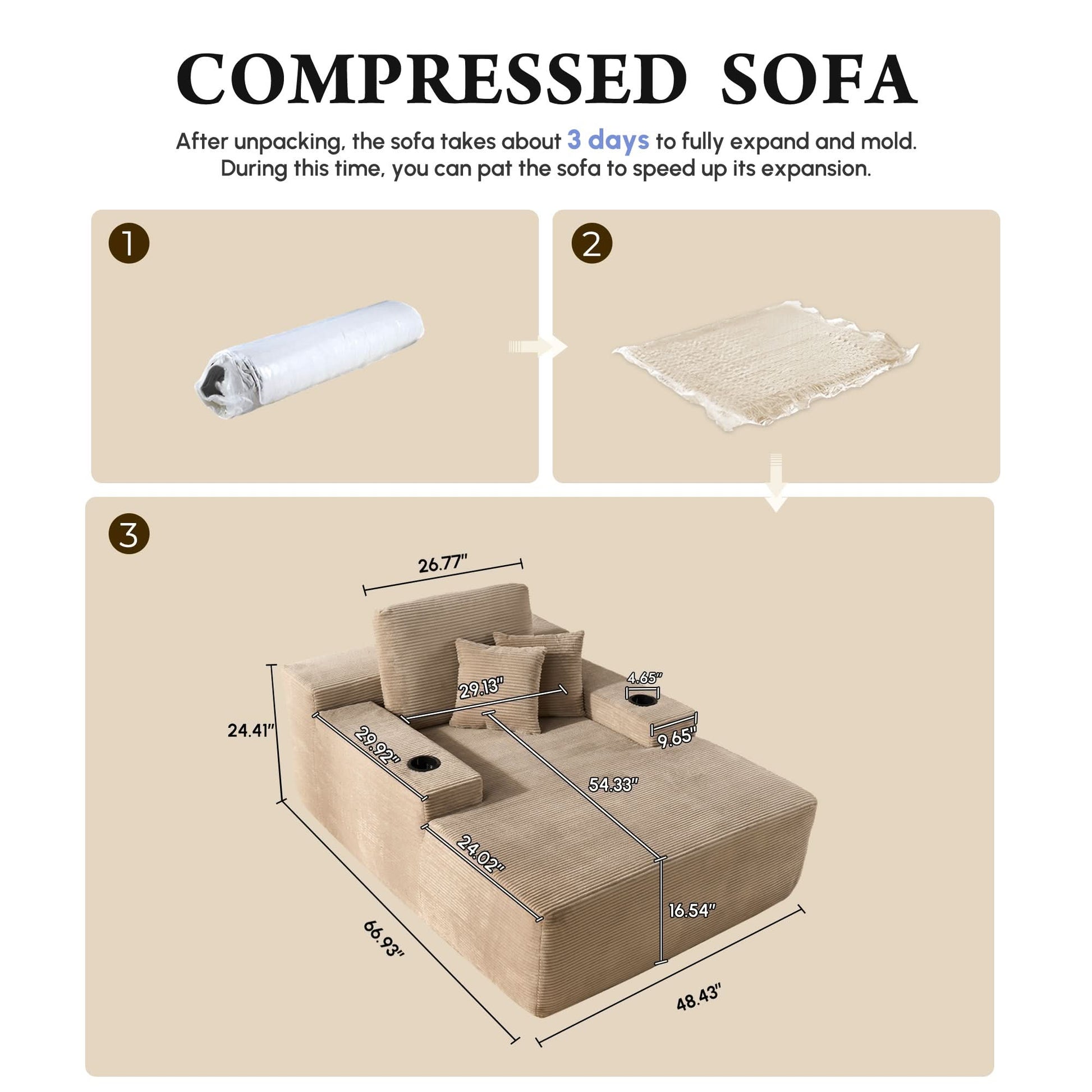 OVIOS 67'' Oversized Chaise Lounge ,Corduroy Sleeper Sofa with Cup Holders