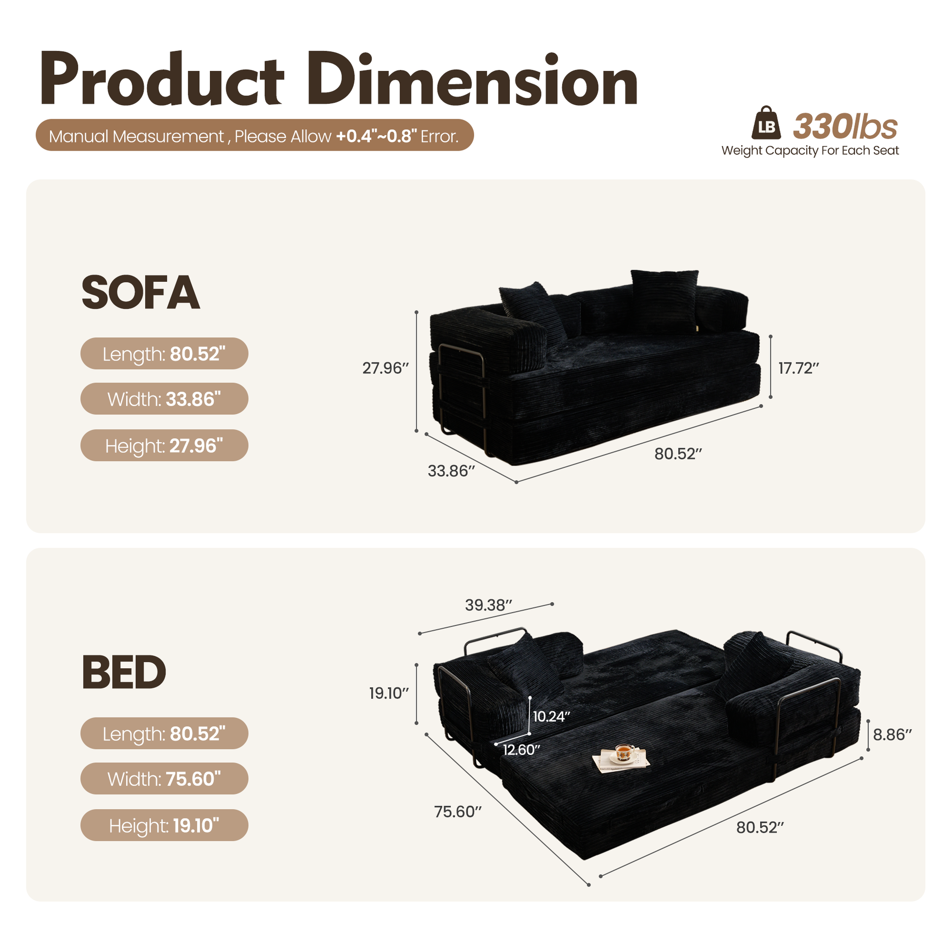 Ovios 80" Convertible Modular Sofa Bed