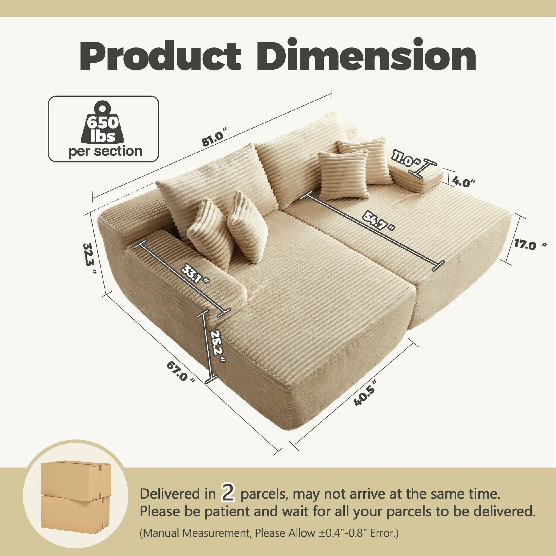 OVIOS 81" Boneless Sofa, Sleeper Couch, No Assembly Required