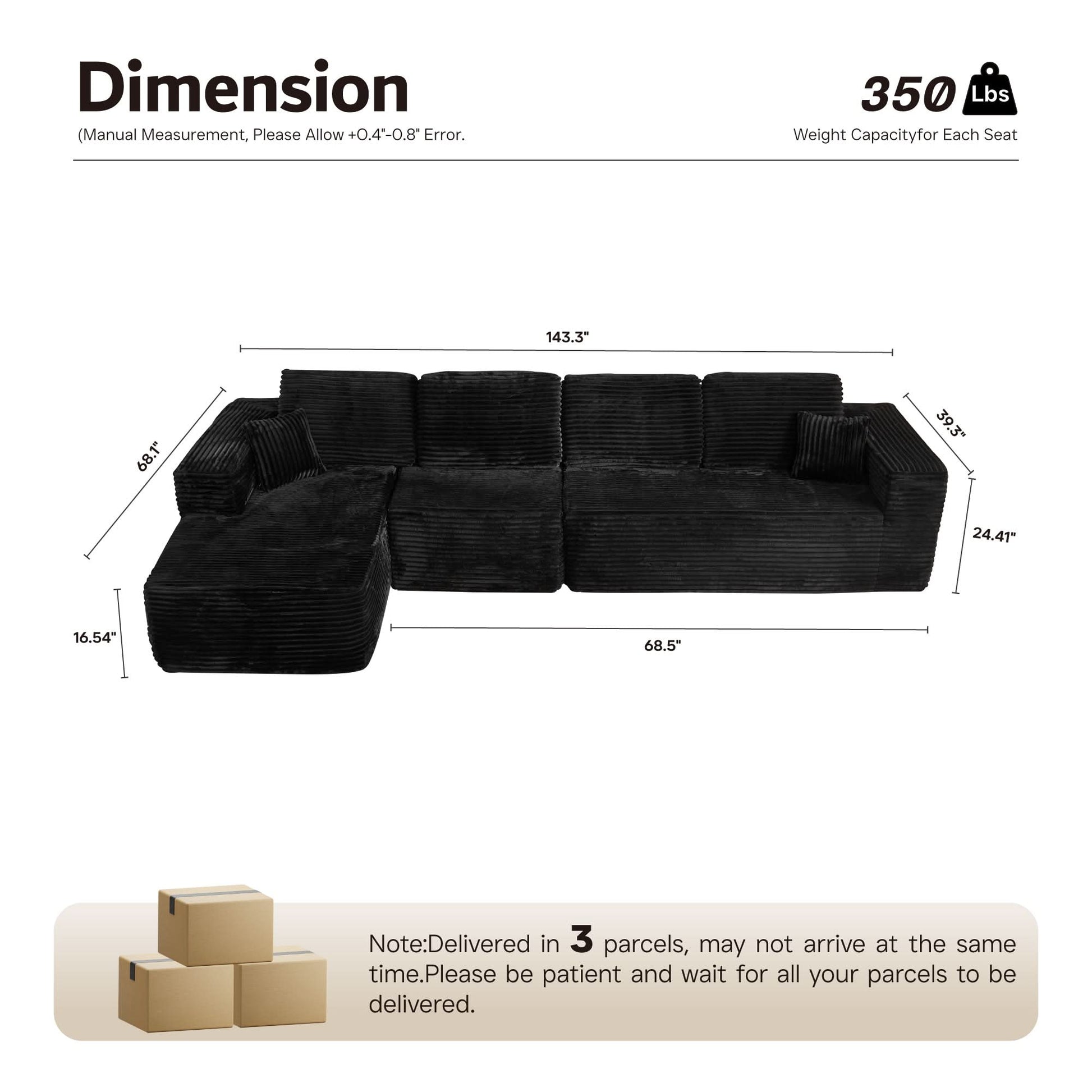 OVIOS Modular Cloud Sofa with Memory Foam, L-Shaped Chaise, Corduroy Upholstery - No Assembly Needed