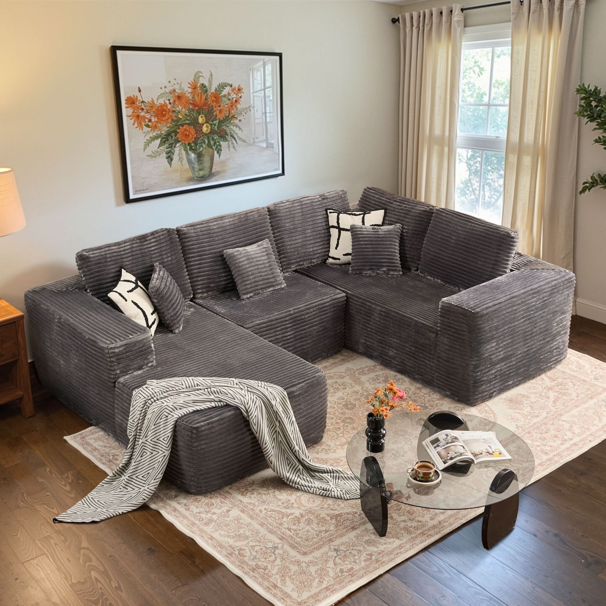 OVIOS U-Shaped Cloud Sectional Sofa with Chaise - Plush Corduroy, Memory Foam & No Assembly