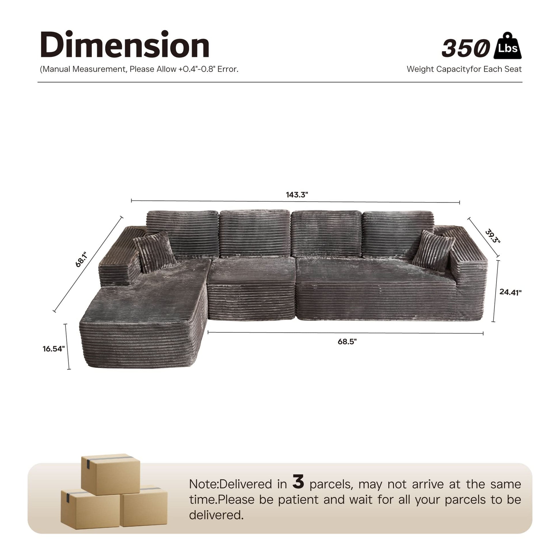 OVIOS Modular Cloud Sofa with Memory Foam, L-Shaped Chaise, Corduroy Upholstery - No Assembly Needed