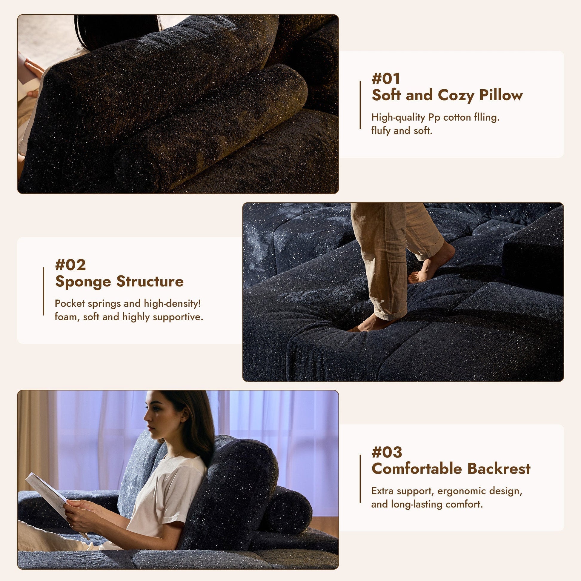 OVIOS 114" Cloud Sectional Sofa - L-Shaped Faux Leather Modular Couch with Deep Seat Chaise