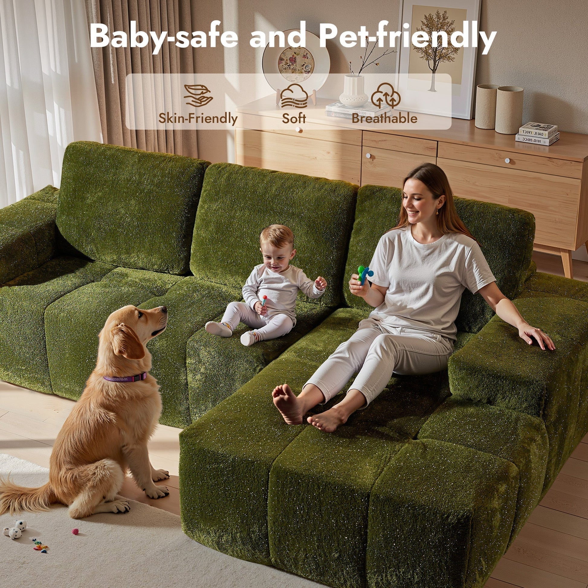 OVIOS 114" Cloud Sectional Sofa - L-Shaped Faux Leather Modular Couch with Deep Seat Chaise