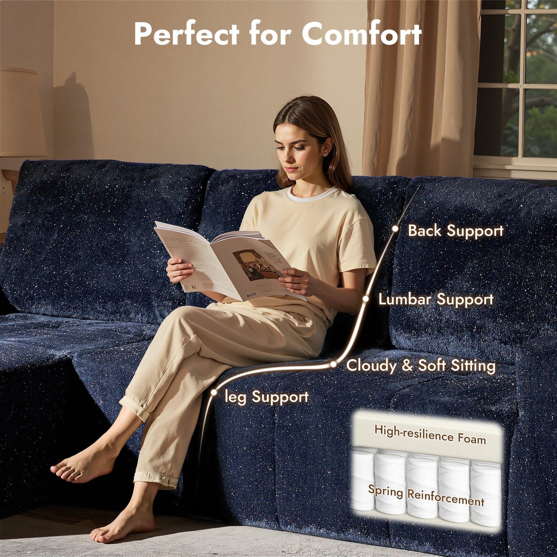 OVIOS 114" Cloud Sectional Sofa - L-Shaped Faux Leather Modular Couch with Deep Seat Chaise