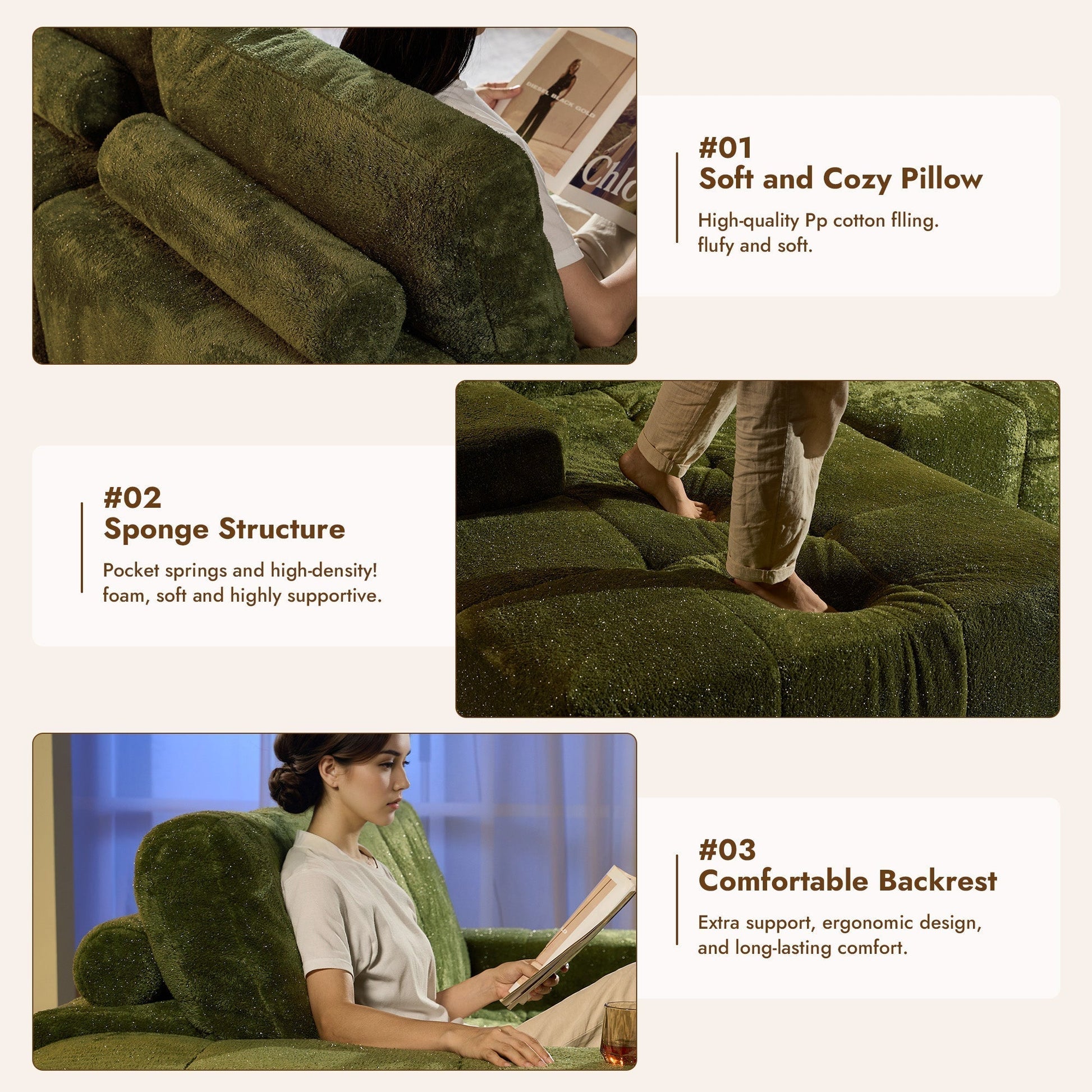 OVIOS 114" Cloud Sectional Sofa - L-Shaped Faux Leather Modular Couch with Deep Seat Chaise