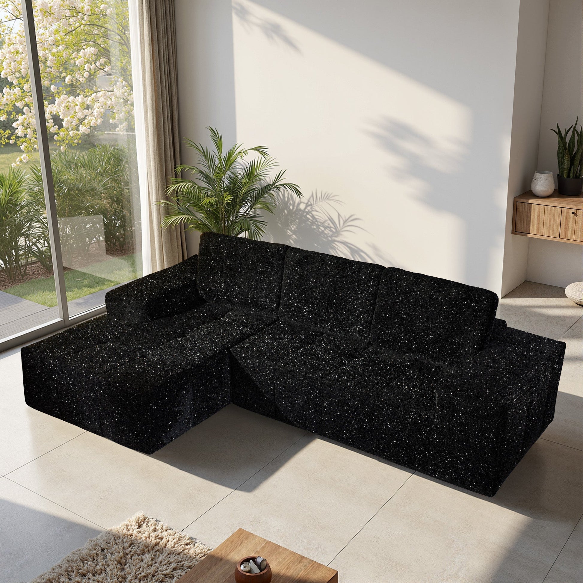 OVIOS 114" Cloud Sectional Sofa - L-Shaped Faux Leather Modular Couch with Deep Seat Chaise