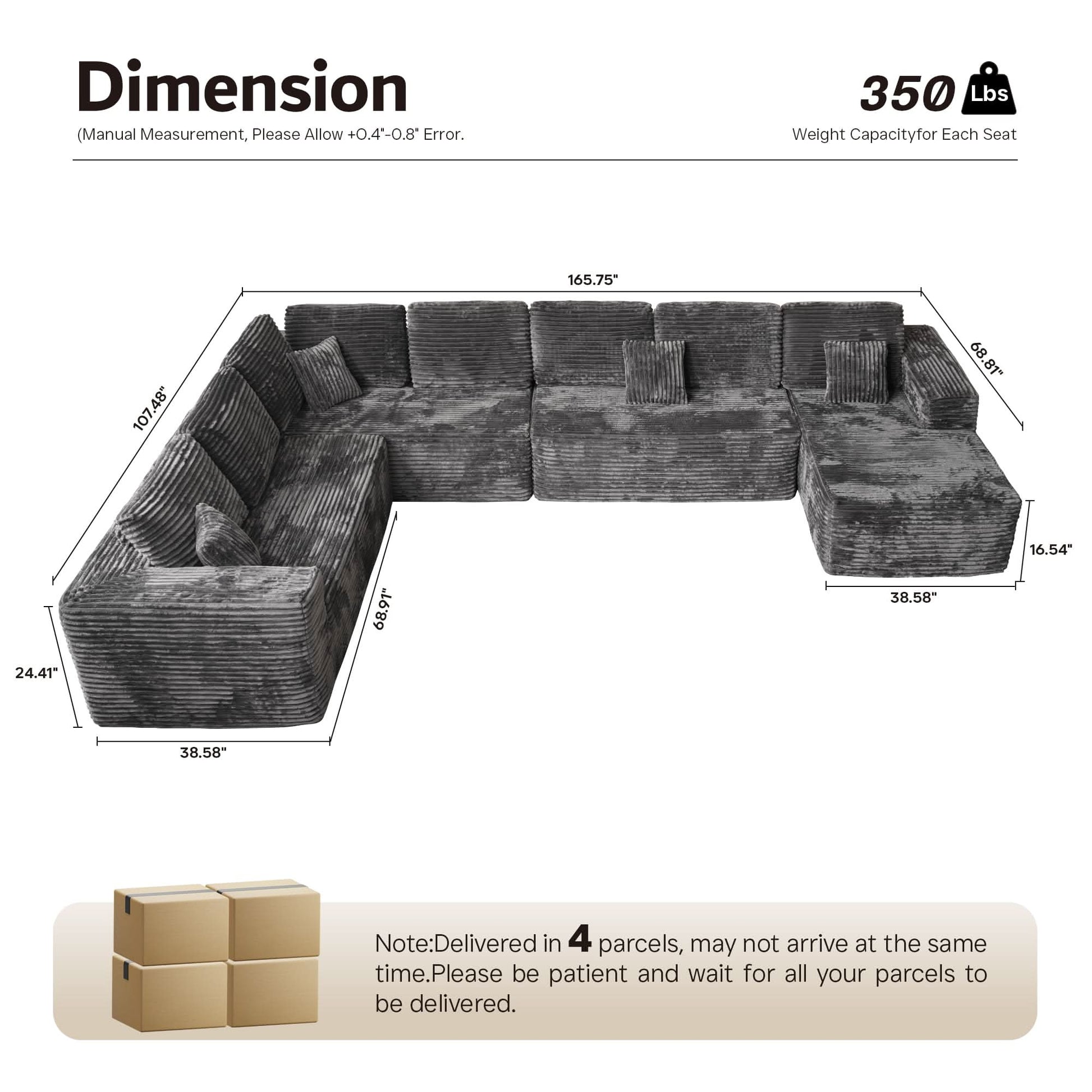 OVIOS Modular Sectional Cloud Couch, Plush Corduroy Sofa with Memory Foam, U-Shaped Chaise, No Assembly