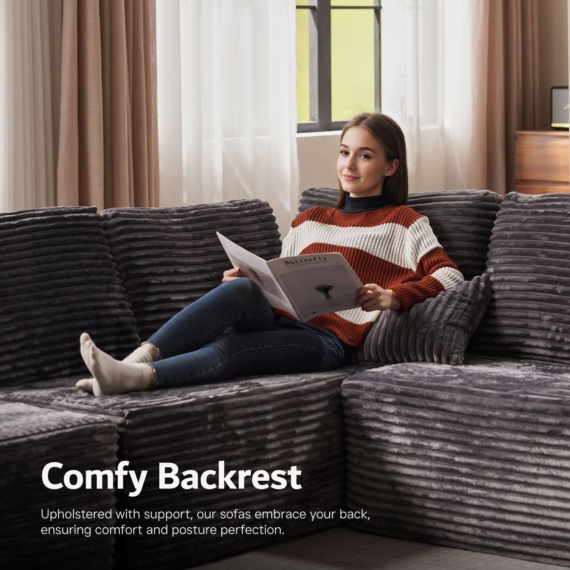 OVIOS Modular Sectional Cloud Couch, Plush Corduroy Sofa with Memory Foam, U-Shaped Chaise, No Assembly