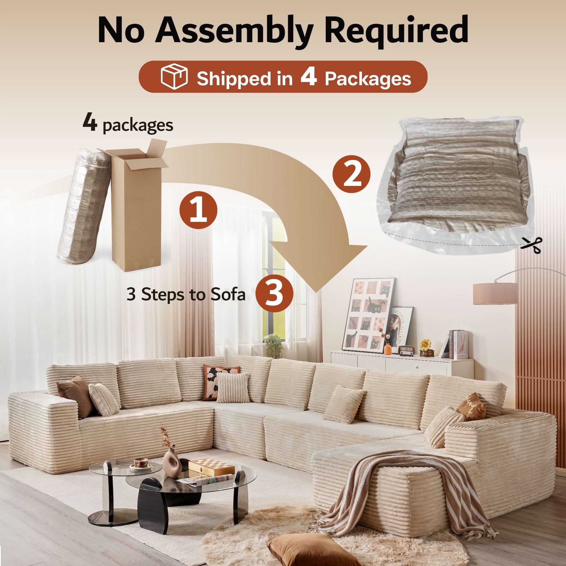 OVIOS Modular Sectional Cloud Couch, Plush Corduroy Sofa with Memory Foam, U-Shaped Chaise, No Assembly