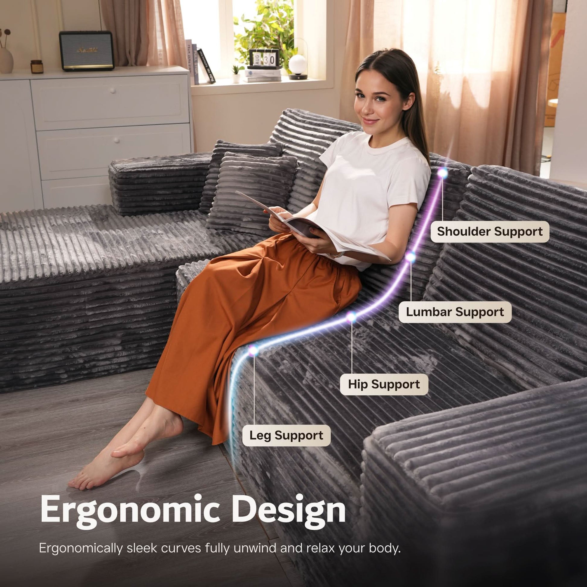 OVIOS Modular Sectional Cloud Sofa, Plush Corduroy with Memory Foam, U-Shaped Chaise, No Assembly Required