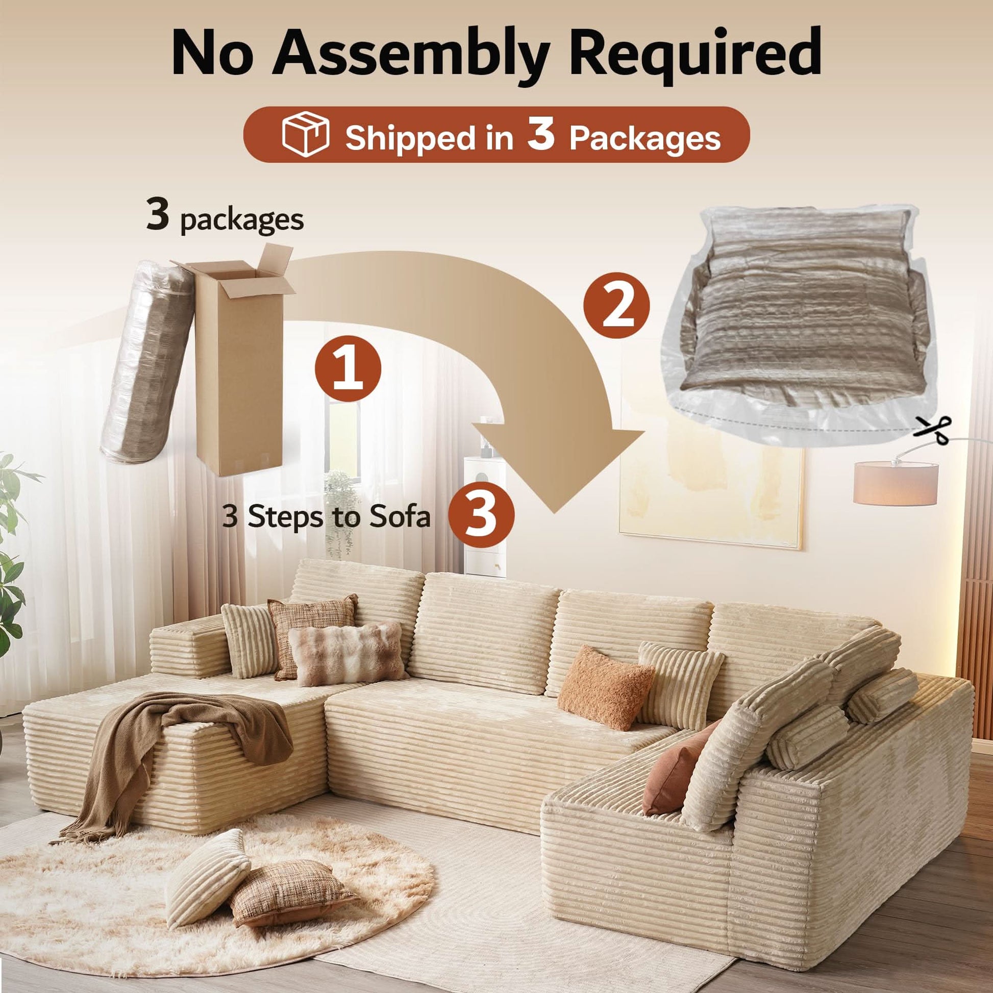 OVIOS Modular Sectional Cloud Sofa, Plush Corduroy with Memory Foam, U-Shaped Chaise, No Assembly Required