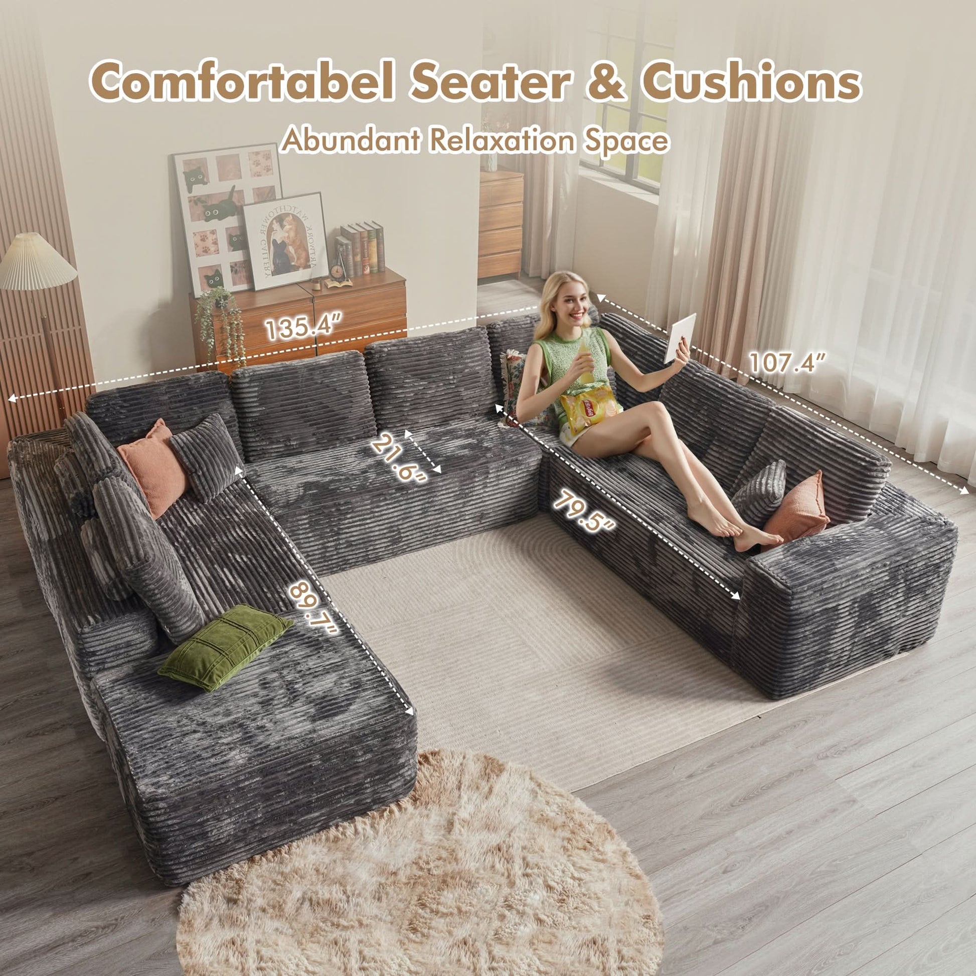 OVIOS Modular Cloud Sofa with Memory Foam, U-Shaped Chaise, Corduroy Upholstery - No Assembly Needed