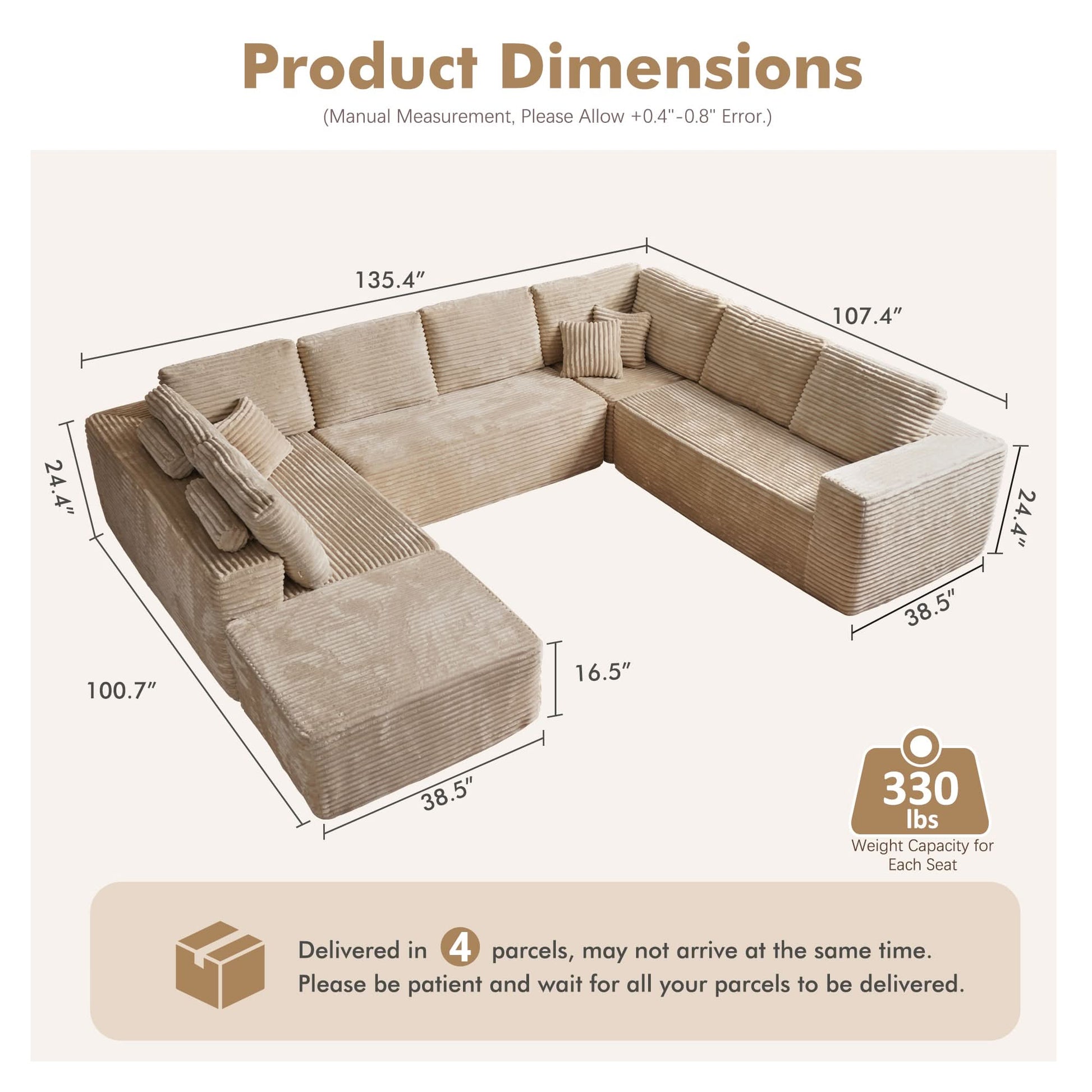 OVIOS Modular Cloud Sofa with Memory Foam, U-Shaped Chaise, Corduroy Upholstery - No Assembly Needed