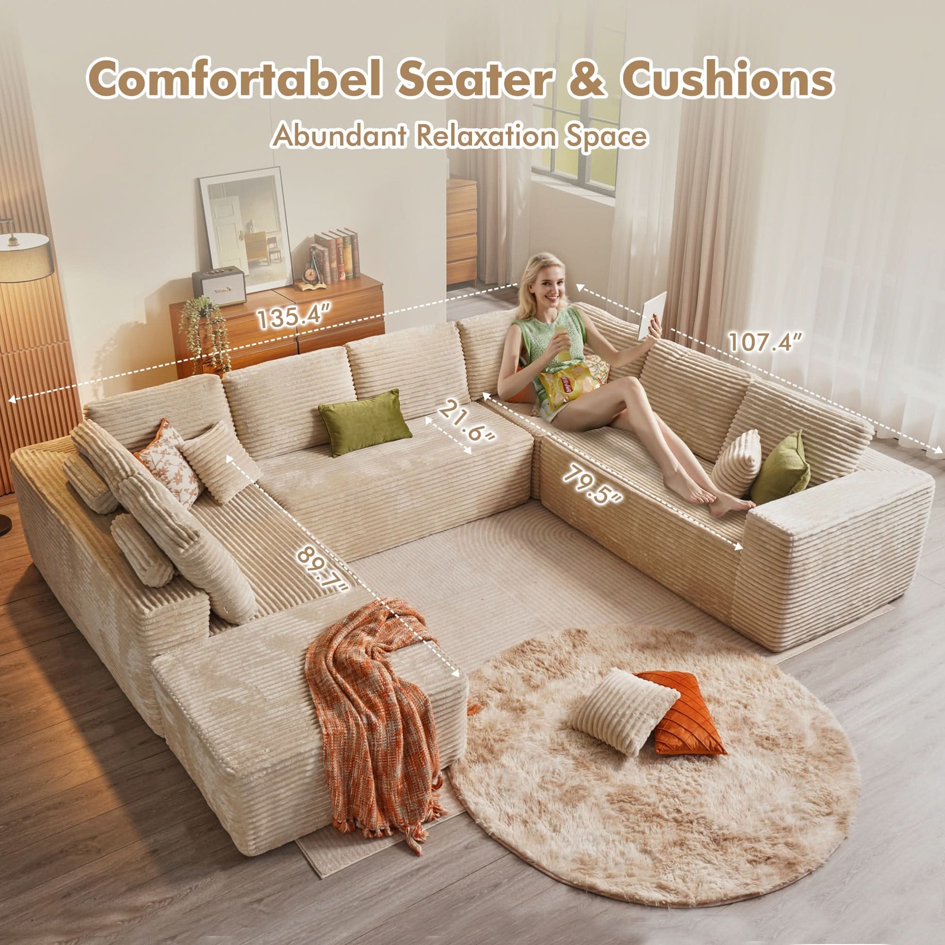 OVIOS Modular Cloud Sofa with Memory Foam, U-Shaped Chaise, Corduroy Upholstery - No Assembly Needed