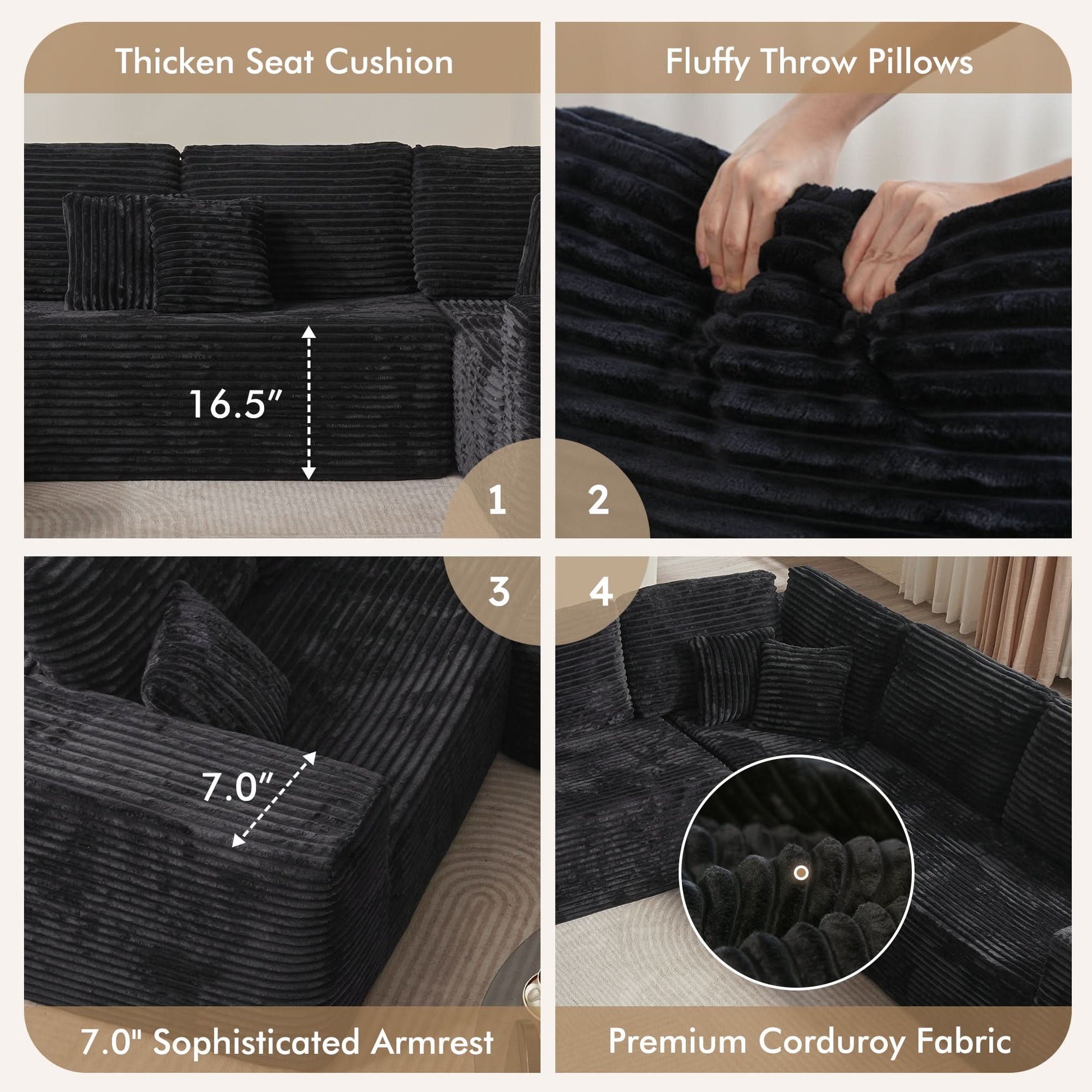 OVIOS Modular Cloud Sofa with Memory Foam, L-Shaped Chaise, Corduroy Upholstery - No Assembly Needed