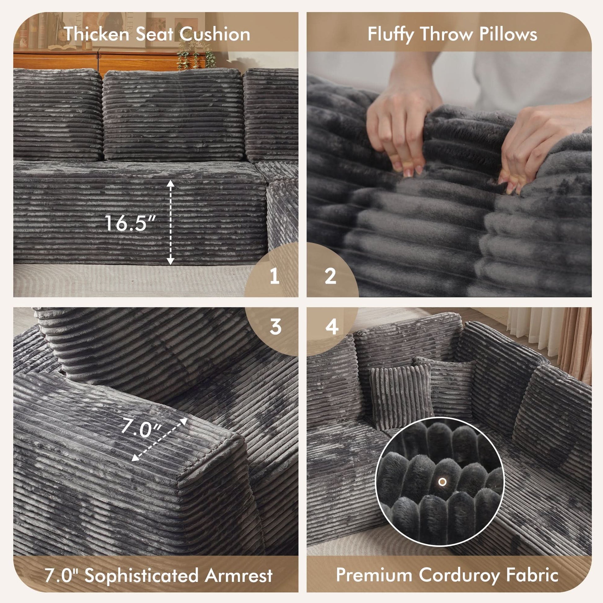 OVIOS Modular Cloud Sofa with Memory Foam, U-Shaped Chaise, Corduroy Upholstery - No Assembly Needed