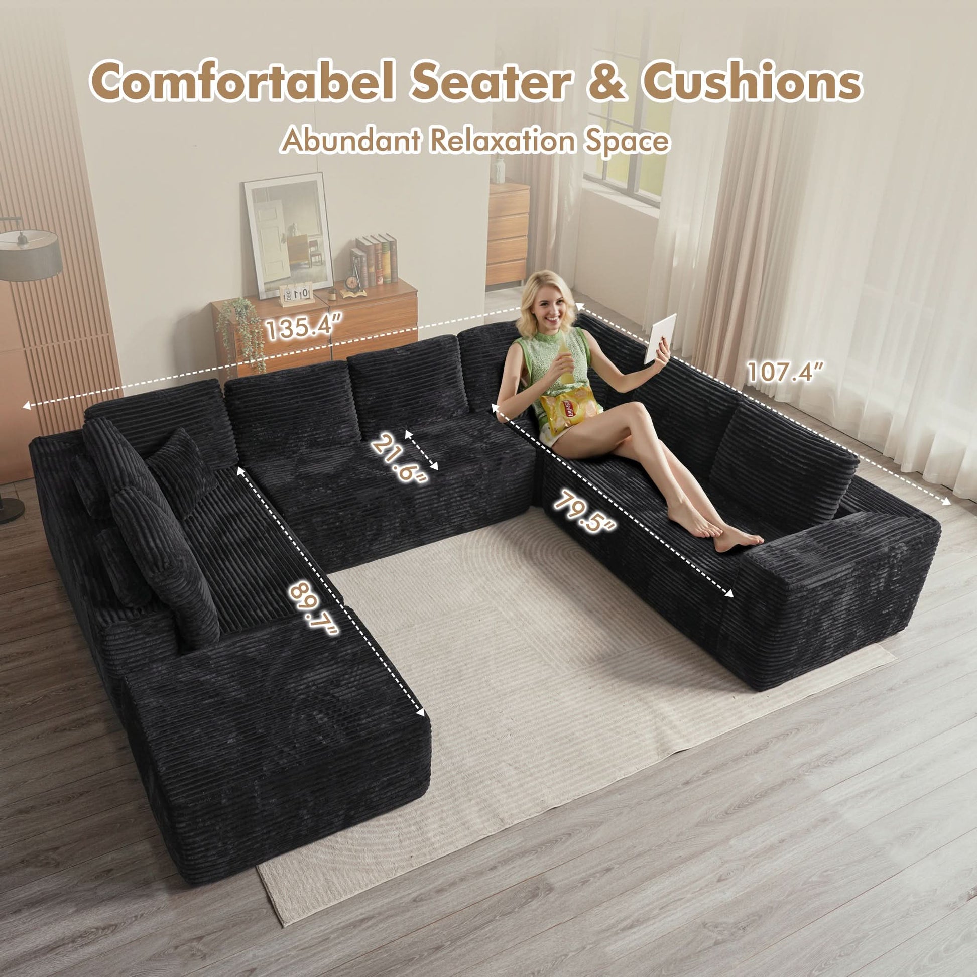 OVIOS Modular Cloud Sofa with Memory Foam, U-Shaped Chaise, Corduroy Upholstery - No Assembly Needed