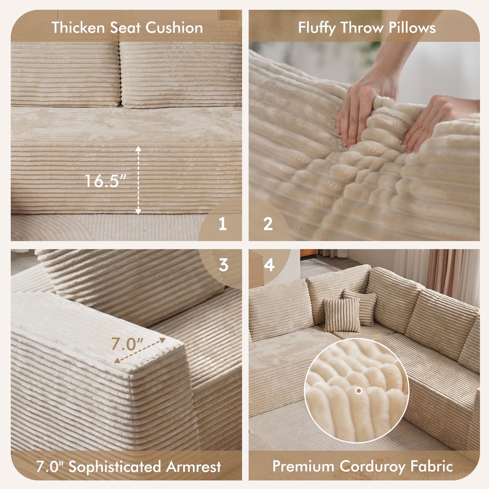 OVIOS Modular Cloud Sofa with Memory Foam, L-Shaped Chaise, Corduroy Upholstery - No Assembly Needed